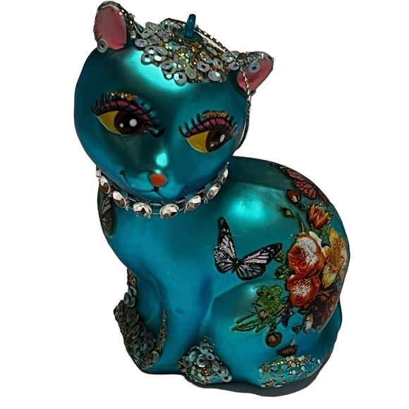 Robert Stanley blown glass whimsy blue cat floral Christmas ornament butterfly - Picture 1 of 8